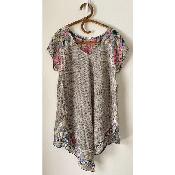 Johnny Was Tunic Dress Size L 100% Silk Short Sleeve Floral Lightweight Unlined - Picture 1 of 9
